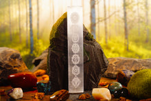 Load image into Gallery viewer, Selenite Charging Plate with Engraved Chakra in White
